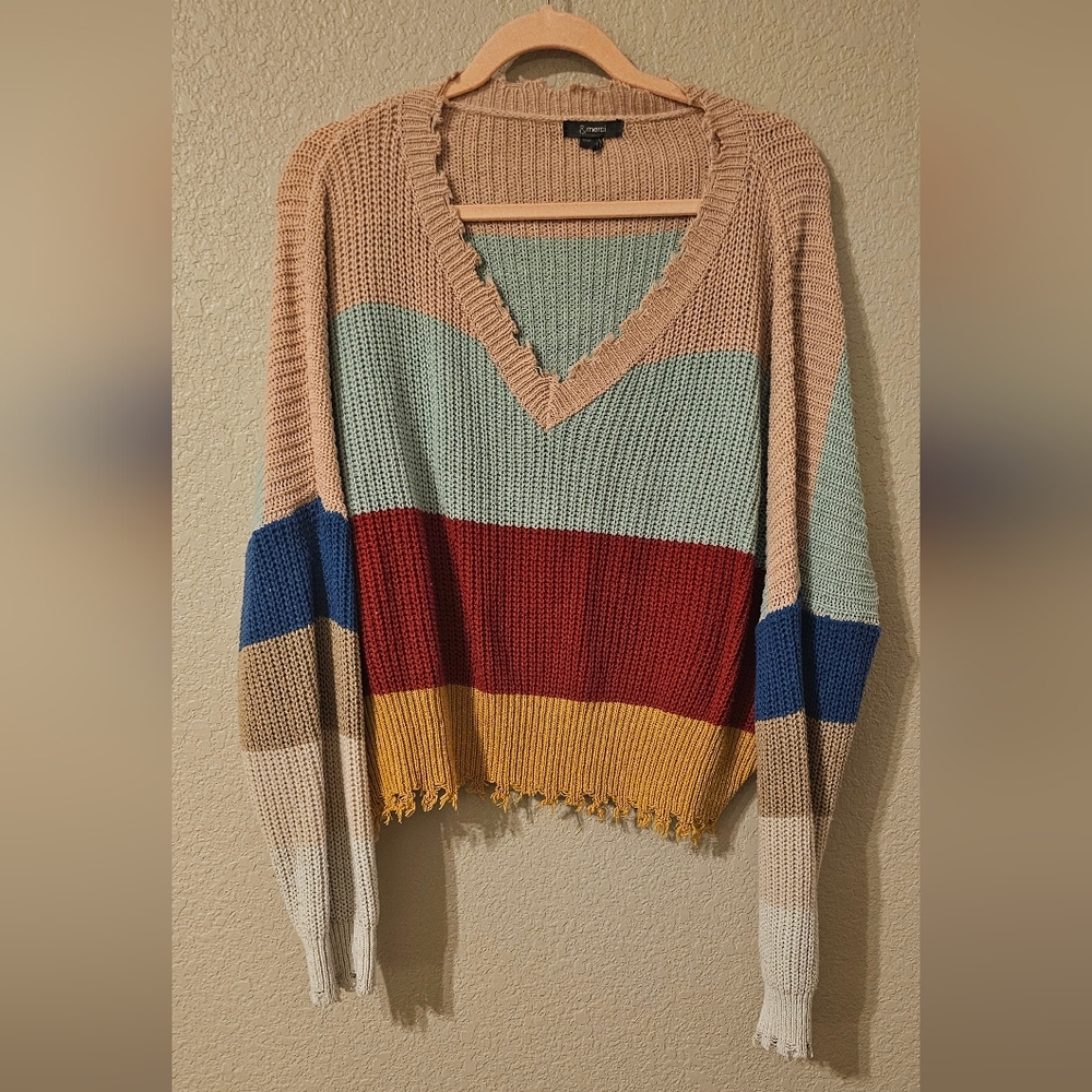 Multicolored Stripped Distressed Cropped Sweater